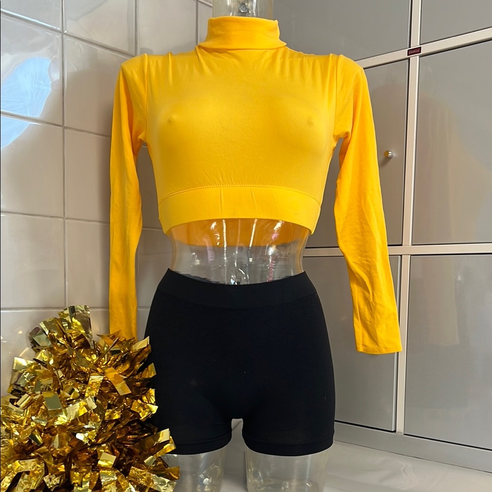 Yellow Long Sleeve Crop Top and Black Shorts Set